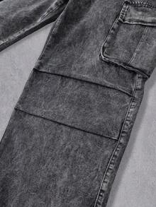 Manfinity Denimwave 男士浅色水洗拉链牛仔裤，阔腿长款，纯色图案，前卫街头休闲风，适合日常穿着。 - 灰色 - 查看 4