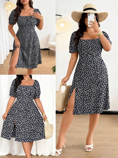 Flirla Vestido romántico de vacaciones de gasa con estampado floral diminuto, que favorece la figura