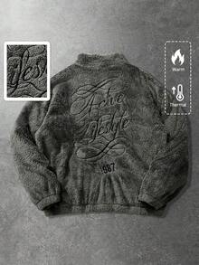 ROMWE MEN Street Life Unisex Thermal Lined Jacket With English Print, Casual Autumn/Winter - Dark Grey - View 1