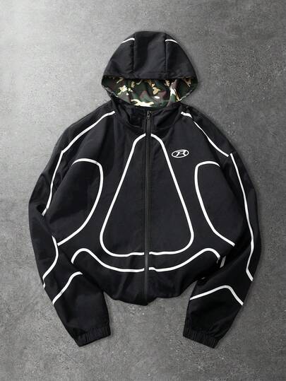 Unisex Casual Street Style Contrast Color Hooded Jacket, Suitable For Autumn/Winter