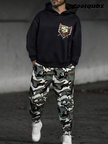 2 件套青少年（男孩）休闲街头运动棒球印花连帽运动衫搭配迷彩抽绳慢跑裤套装，春秋冬 - 軍綠色 - 查看 1