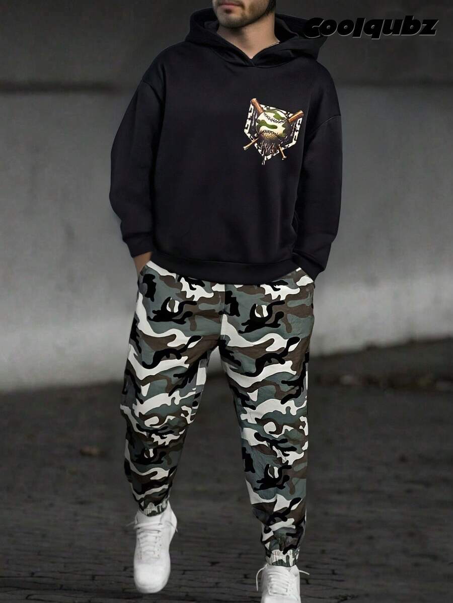2 件套青少年（男孩）休闲街头运动棒球印花连帽运动衫搭配迷彩抽绳慢跑裤套装，春秋冬 - 軍綠色 - 查看 1