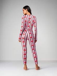 MISSGUIDED Long Sleeve Cherry Print Striped V Neck Romper Jumpsuit With Full Length Legs For Spring Summer - Multicolor - View 2