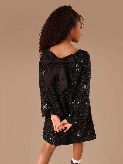  SUMWON Sequined Long Sleeve Mini Dress With Back Bow Detail For Special Occasions Holiday Party For Casual And Vacation