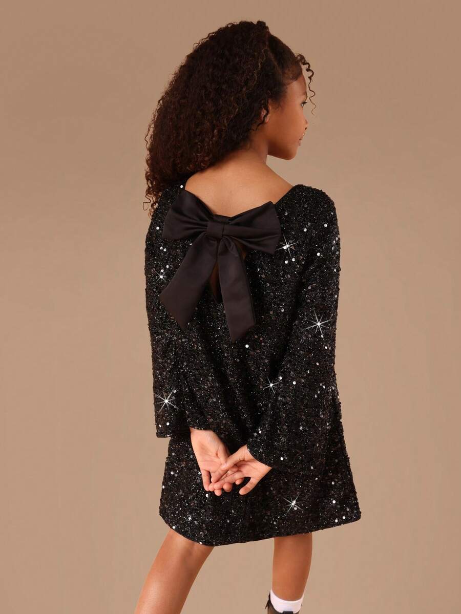 Đầm ngắn tay dài đính sequin SUMWON với chi tiết nơ phía sau, thích hợp cho các dịp đặc biệt, tiệc tùng, lễ hội, đi chơi hoặc du lịch. - màu đen - Xem 1