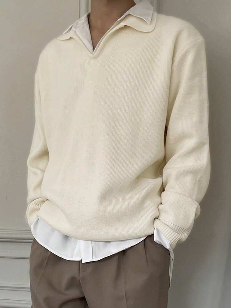 Men's Solid Color White Polo Neck Sweater, Autumn