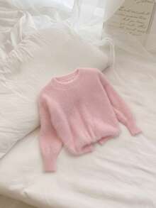 SHEIN 新款时尚百搭简约浅粉色套头针织毛衣，适合女宝宝穿着，包括婴儿针织衫、女宝宝冬季毛衣、女宝宝套头衫、保暖女宝宝服装、婴儿针织衫、婴儿毛衣、女宝宝秋冬套头衫、女宝宝毛衣、女宝宝秋季毛衣、婴儿长袖上衣、黑色婴儿上衣、女宝宝秋季毛衣。 - 粉色 - 查看 6