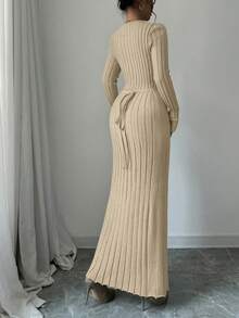 Rafferiza Women's Solid Color Crew Neck Long Sleeve Ribbed Maxi Sweater Dress, Autumn/Winter - Beige - View 2