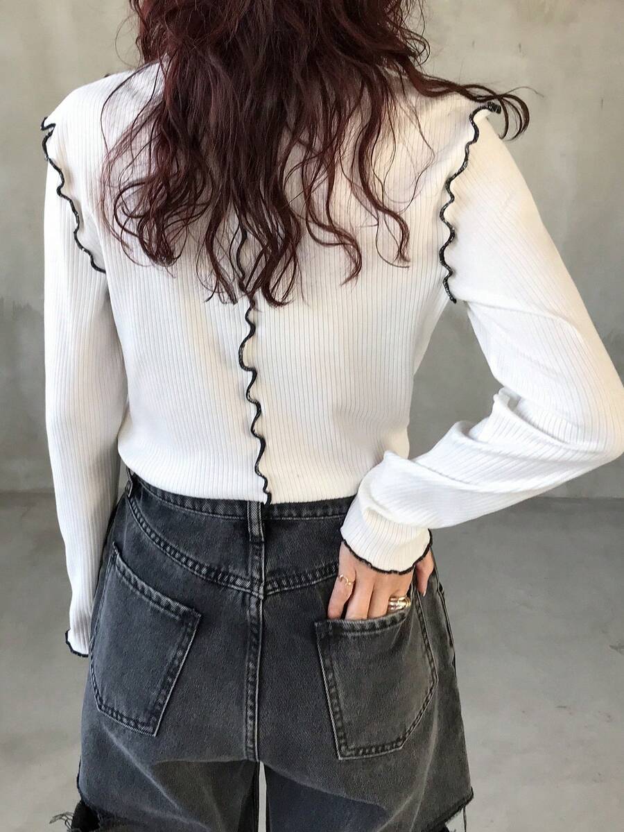 FRIFUL Women's Casual Everyday Commute Ribbed Contrast Lettuce Trim Long Sleeve T-Shirt, Spring/Autumn - White - View 1
