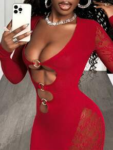 BamGleam Đầm ôm body tay dài khoét sâu gợi cảm phối ren trơn màu dành cho nữ - Màu Đỏ Sâu - Xem 7