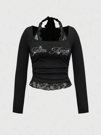 Grunge Punk Camiseta ajustada de mujer con cuello redondo, parches de encaje y rhinestones, estilo punk y de talla grande