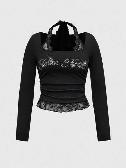 Grunge Punk تي شيرت نسائي مطبوع بطبعات بانك مرصع بالراين ستون والدانتيل، قصة ضيقة للمقاسات الكبيرة