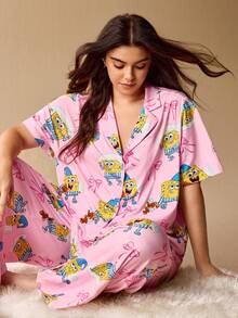 SpongeBob SquarePants | SHEIN Conjunto de pijama de talla grande de verano con top y pantalones casuales y lindos con estampado de dibujos animados - Rosa - Ver 1