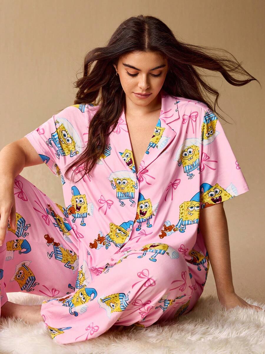 SpongeBob SquarePants | SHEIN Conjunto de pijama de talla grande de verano con top y pantalones casuales y lindos con estampado de dibujos animados - Rosa - Ver 1