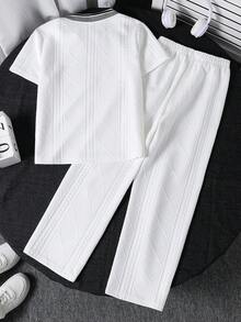 Mirajuku 2pcs/Set Boys Casual Geometric Textured Fabric Contrast Collar Polo Shirt & Shorts Set, Suitable For Daily, Commuting, School Wear - White - View 3