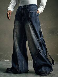 AXEPEAK Men's Pocket Loose Wide Leg Retro Casual Jeans - Blue - View 3