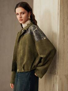 Arave Áo khoác da giả cổ khoét vai bằng vải giả da lộn dành cho nữ, thường ngày - xanh quân đội - Xem 5