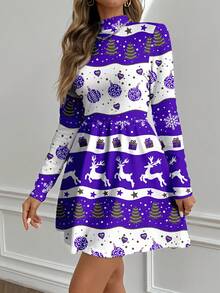 Glamance Polina Brazil Christmas Striped Navy Blue New Year's Eve Party Dress, Casual Minimalist Women's Dress Suitable For Autumn/Winter, Reindeer Women Long Sleeve Dress Printed Dress Purple And White Dress Elegant Dress Reindeer Print Dress Christmas Print Dress - Multicolor - View 5