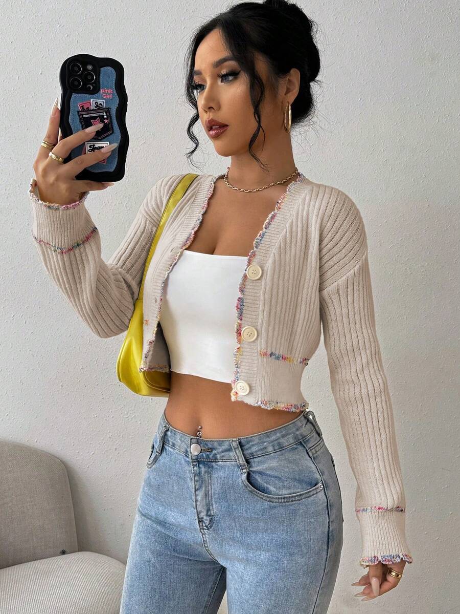 Chiquease Women's Elegant Contrast Trim Button Front Ribbed Knit Cardigan Sweater - Beige - View 1