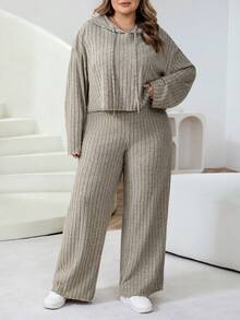 SHEIN CURVE+ Plus Size Women's Khaki Summer Curve Smart Casual Loungewear,Ribbed Knit Hooded Long Sleeve Sweatshirt And Pants 2-Piece Set,Drop Shoulder Outfit - Apricot - View 8