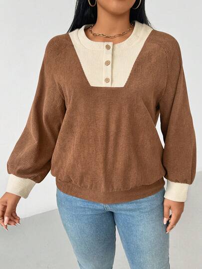 EMERY ROSE Plus Size Women's Contrast Color Button Half Placket Raglan Sleeve Casual Loose Sweatshirt, Autumn