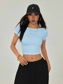 SHEIN PETITE Petite Black Backless T-Shirt, Suitable For Summer - Blue - View 7