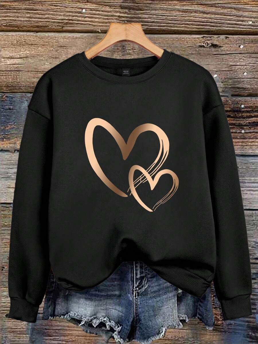 EMERY ROSE Regular Round Neck Women's Casual Heart Print Sweatshirt - Black - View 1
