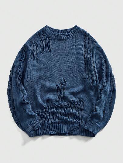 Grunge Punk Men's Casual Punk Solid Color Hollow-Out Knitted Sweater, Autumn/Winter