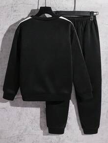 SHEIN 2pcs/Set Kids Tween Boy Casual Sports Patchwork Long Sleeve Crew Neck Sweatshirt And Pants Knit Tracksuit Set, Suitable For Commuting, School, Daily Casual, Travel, Sports, Spring/Summer/Autumn/Winter, Fleece, Thickened - Black - View 4