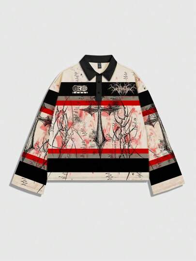 Street Life Men's Striped Polo Collar Gothic Long Sleeve T-Shirt, Casual Collared Tee