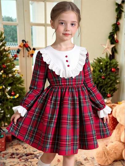 女童复古风格蕾丝花边格子连衣裙，圆领 A 字长袖，适合休闲穿着