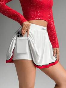 Dewbera Contrast Color Pleated Tennis High Elastic Waistband Front Letter Print Pocket Sports Tennis Skirt Pants - Multicolor - View 5