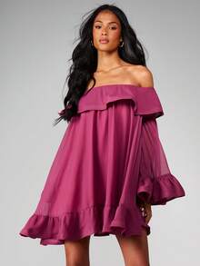 MISSGUIDED 露肩迷你连衣裙，荷叶边喇叭袖，飘逸柔美，适合派对和晚宴穿着 - 紫色 - 查看 1