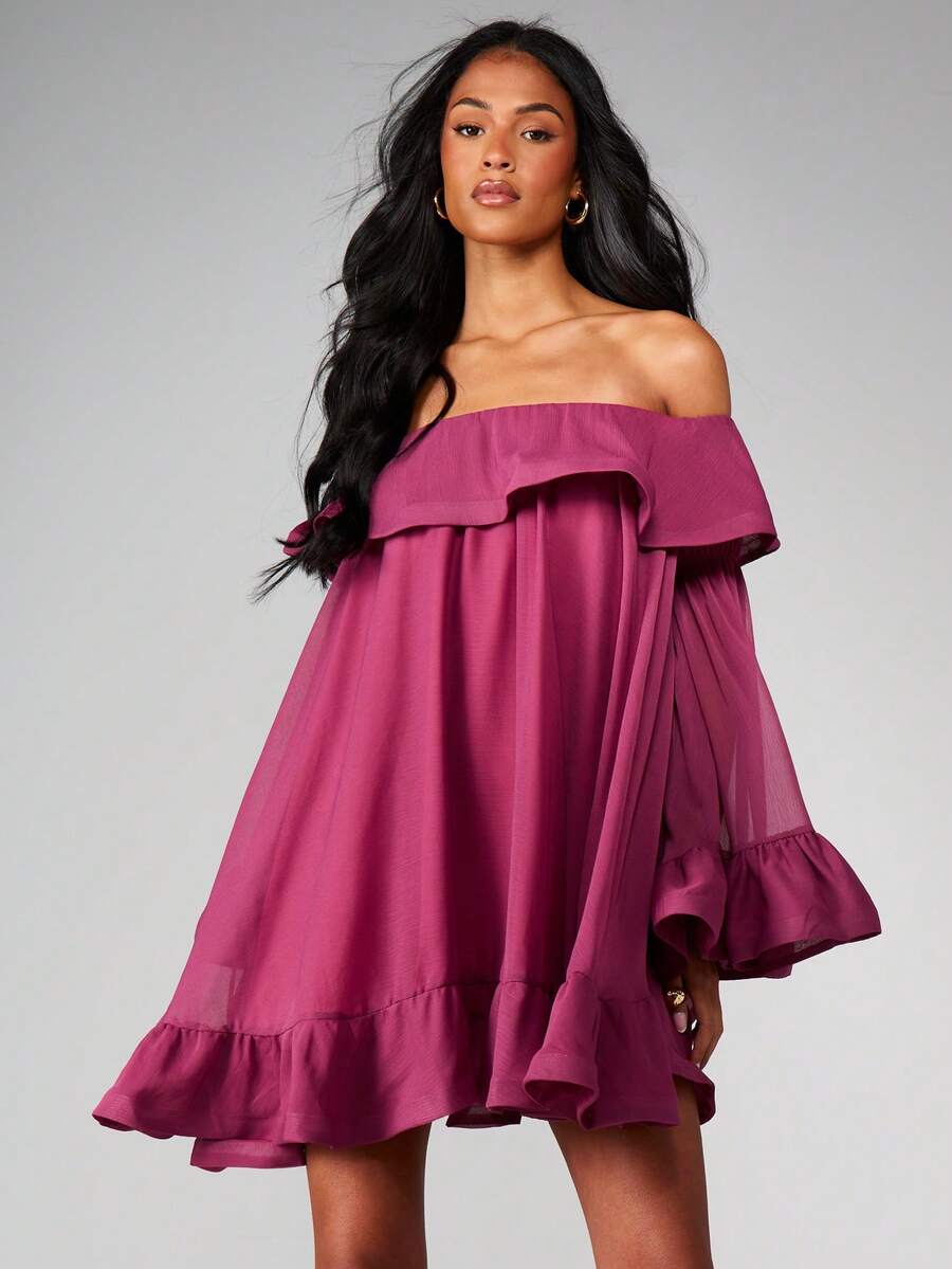 MISSGUIDED 露肩迷你连衣裙，荷叶边喇叭袖，飘逸柔美，适合派对和晚宴穿着 - 紫色 - 查看 1