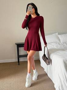 SHEIN PETITE Women's Elegant Burgundy Solid Round Neck Ribbed Long Sleeve Mini Dress,Autumn Casual Dining Outfit,New Year Party,Christmas & Valentine's Day Dresses ,Petite Women - Burgundy - View 5