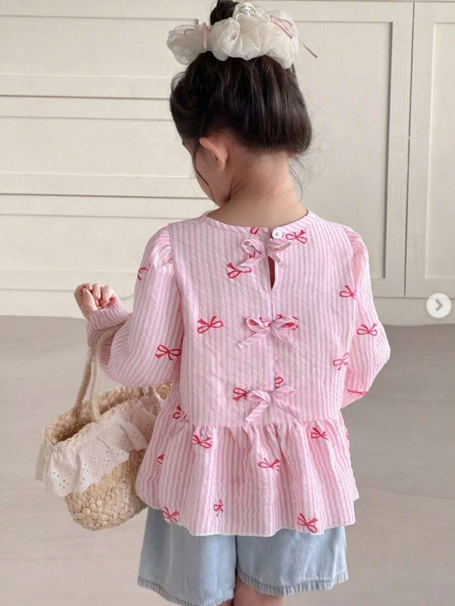 Young Girl Cute Fashion Casual Daily Round Neck Drop Shoulder Long Sleeve Loose Vertical Striped Bow Print Textured Fabric Pink Shirt, Suitable For All Seasons