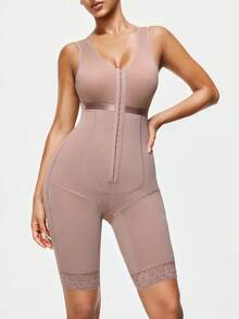 SHAPORA 1pc Women's Solid Color Front Button Closure Bodysuit, Fashionable Sleeveless Shapewear - Dusty Pink - View 3
