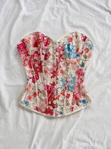 Soleia 复古宫廷风彩色花卉提花印花抹胸，纽扣和系带设计，适合度假 - 彩色 - 查看 4