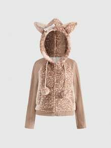 ROMWE Grunge Punk Áo khoác len dệt kim Jacquard họa tiết hươu dễ thương Y2K mùa thu/đông có miếng dán lông nhân tạo và trang trí tai 3D cho nữ - Màu Khaki - Xem 1