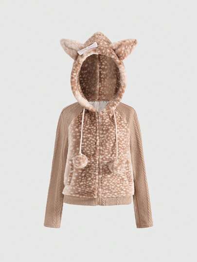 Grunge Punk Y2K Autumn/Winter Cute Deer Pattern Faux Fur Patchwork Jacquard Knit Cardigan With 3D Ear Decor For Women