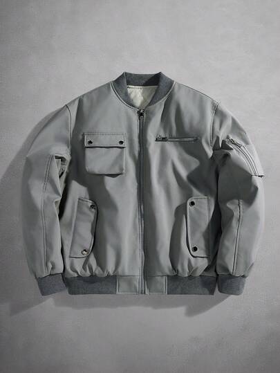 Manfinity Roghcode Men's Long Sleeve Casual Utility Baseball Collar Winter Coat, Zip-Up Baseball Padded Coat, Suitable For Daily Wear And Outdoor Matching, Can Be Given As Gifts To Friends And Boyfriends, Personalized Baseball Winter Coat, Utility Winter Coat