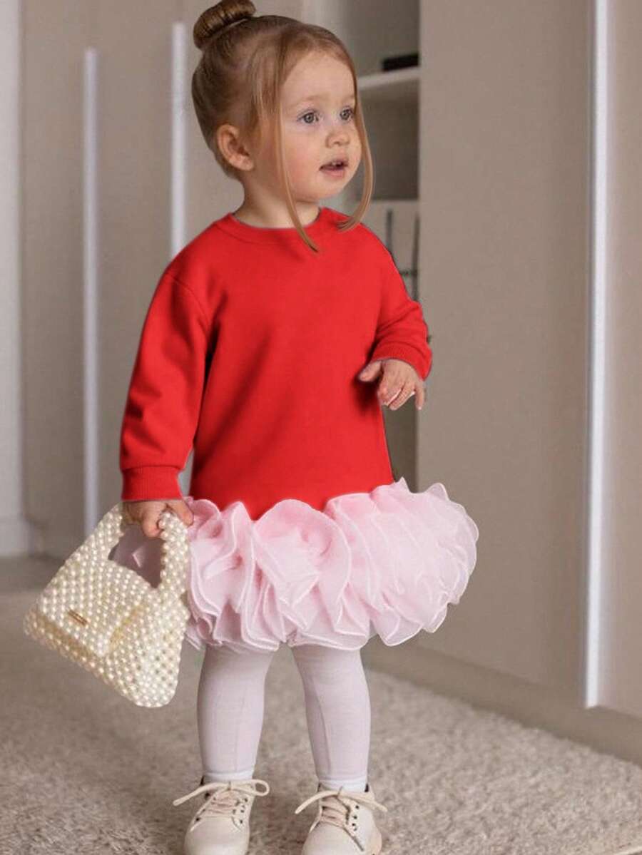 Babygirl Cute Casual Knit Patchwork Organza Long Sleeve Dress - Red - View 1