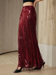 Arave Women's Sequin Fringe Silver Mermaid Skirt, Personalized For Party, / Elegant Evening Skirt, Bridesmaid Skirt, Banquet,Festival Outfits Women,Wedding Guest Skirt Womenfall Women Clothes Fall Outfits Women Fall Autumn Clothes  Party Skirt   Red Skirt - Red - View 6