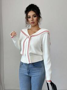 Selianne Colorblock Striped Pattern Knotted Elegant Long Sleeve Pullover Sweater - White - View 5