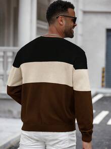Manfinity Homme Plus Size Men's Contrast Color Round Neck Raglan Sleeve Casual Knit Pullover Sweater - Brown - View 2