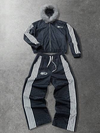 Street Life 2 pièces Ensemble de sweat-shirt à capuche texturé imprimé léopard pour hommes, style de rue américain décontracté, survêtement unisexe pour l'automne/l'hiver