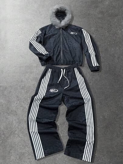 Street Life 2 Stücke Herren Leoparden-Muster Textur Hoodie Set, Street Style Amerikanisch Lässig Sweatshirt Anzug, Unisex Herbst/Winter