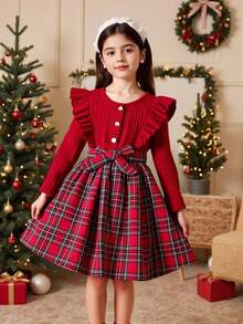 Elladie kids Young Girls Red Knit Plaid Patchwork Round Neck Long Sleeve Dress With Belt, Sweet Style, Suitable For Christmas, Autumn/Winter Christmas   Christmas Young Girls Dress  Princess Halloween/Christmas Party  Dresses Girls Red And Plaid Sets - Burgundy - View 2