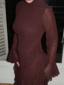Turnttoni Váy dài tay cổ cao màu đỏ thanh lịch cho nữ, thích hợp cho buổi tối hẹn hò, dạ hội, mùa thu/đông - Cà phê nâu - Xem 3