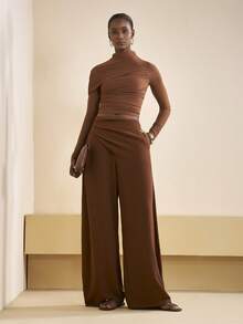 Zivah Women's Espresso Brown Autumn High Waist Wide Leg Pants,Modest Loose Wrap Around Trousers For Brunch,Holiday,Office Work,Daily Casual Western Style - Brown - View 8